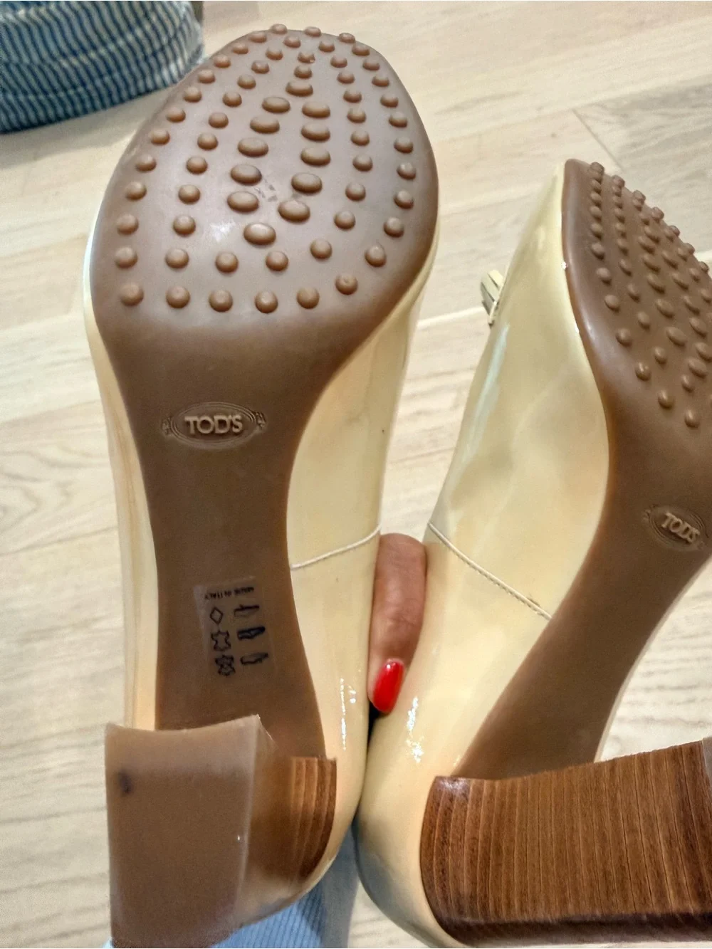 Tod's Cream Patent Leather Tassel Block Heels